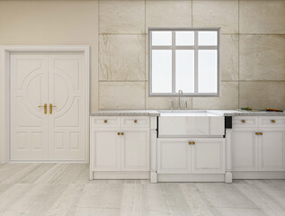 The sun shines through the clean and tidy kitchen with kitchen utensils and refrigerators