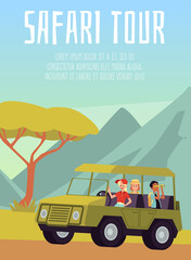 Family on Safari Tour in card or poster template, flat vector illustration.