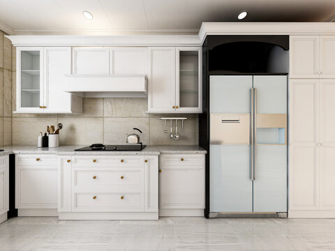 The sun shines through the clean and tidy kitchen with kitchen utensils and refrigerators