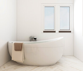Obraz na płótnie Canvas The bright and clean bathroom has bathtub, washstand and so on