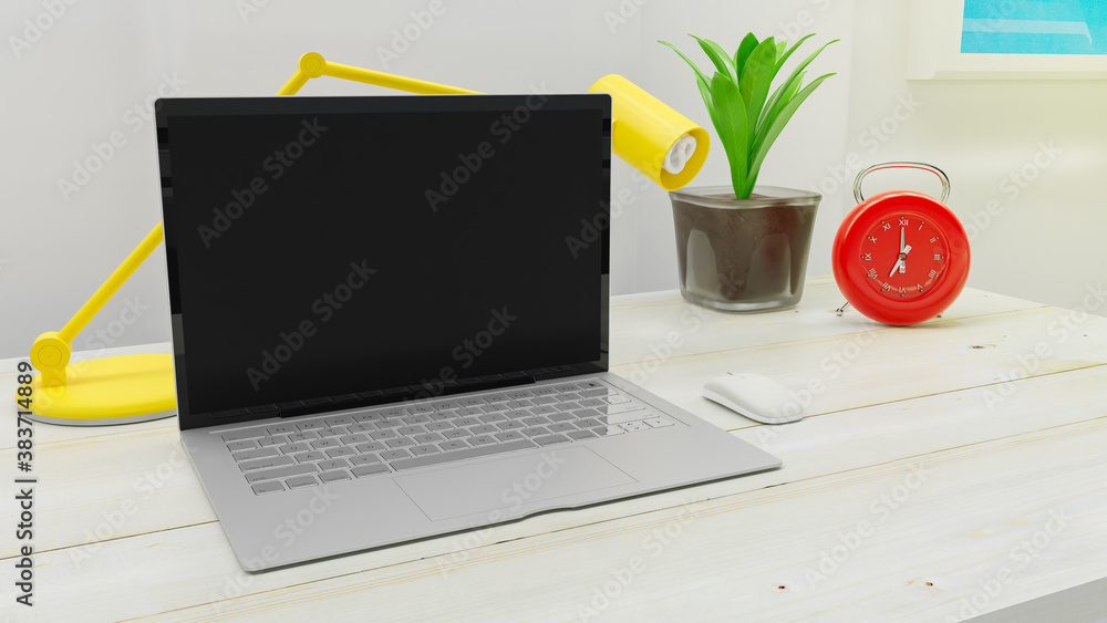 Poster laptop on table work desk in office and red alarm clock, mock-up for your text. 3d render.