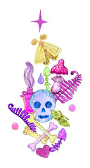 Occult Halloween arrangement.Hand drawn watercolor. Pink pastel witchcraft vintage retro gothic, esoteric, magical, witch texture,card,template,greeting, invitation, wallpaper, background, poster