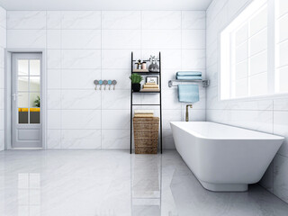 Naklejka na ściany i meble The bright and clean bathroom has bathtub, washstand and so on
