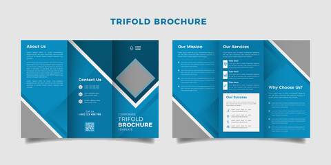 Corporate trifold brochure template. Modern, Creative and Professional tri fold brochure vector design. Simple and minimalist promotion layout with blue