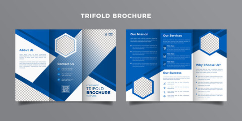 Corporate trifold brochure template. Modern, Creative and Professional tri fold brochure vector design. Simple and minimalist promotion layout with blue