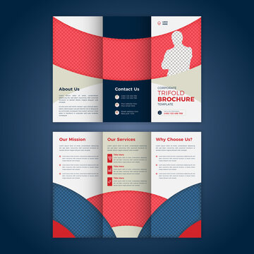 Corporate trifold brochure template. Modern, Creative and Professional tri fold brochure vector design. Simple and minimalist promotion layout with red and blue