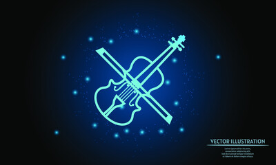 glowing biola on dark blue background of the space with shining stars. music background