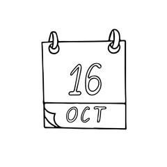 calendar hand drawn in doodle style. October 16. World Bread Day, Food, Anaesthesia, National Boss, date. icon, sticker, element, design. planning, business holiday