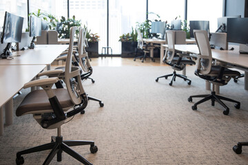 Modern flexible office work space interior fitout rows desks chairs floor cieiling windows T5...