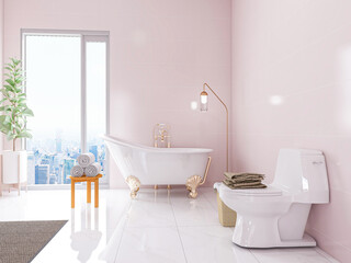 The bright and clean bathroom has bathtub, washstand and so on