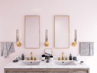 The bright and clean bathroom has bathtub, washstand and so on