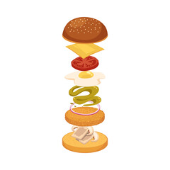 Burger ingredients and sauces in layers, flat vector illustration isolated.