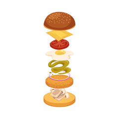 Burger ingredients and sauces in layers, flat vector illustration isolated.