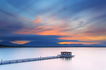 View point at Bang Pra Reservoir with sunrise and long movement clouds, beautiful nature in...