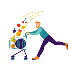 A cheerful man with a shopping cart runs to buy different fruits. Vector flat illustration. Healthy food concept.