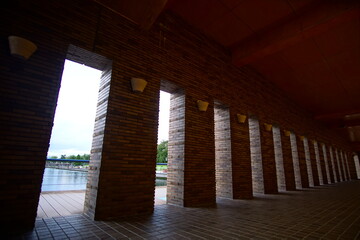 slit wall in the city park. landscape of modern city park