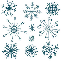 Snowflakes hand drawn icons symbols blue vector