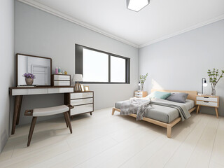 A clean and tidy bedroom has a bed, a bedside table, a dressing table, etc