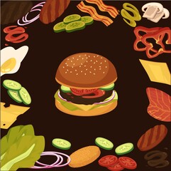 Burger ingredients on black background, flat cartoon vector illustration