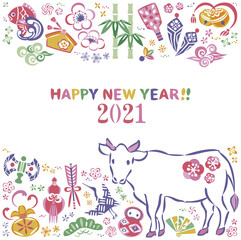 2021年　丑年フレーム　正月・年賀状素材