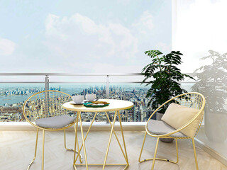 There are leisure tables and chairs on the modern balcony. The sunshine is shining and comfortable. It is a good place for leisure and entertainment