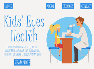Landing page for children eye health check-up flat vector illustration.
