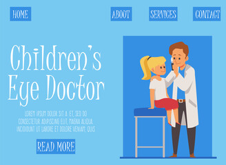 Vector illustration of treatment of girl by kids eye doctor a landing page template