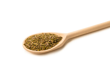 Oregano spice in wooden spoon isolated.