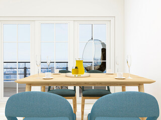 There are bright chairs and dining room facilities