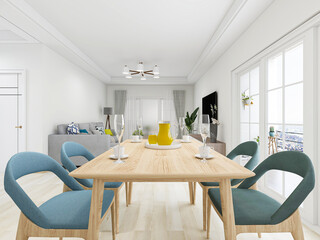 There are bright chairs and dining room facilities