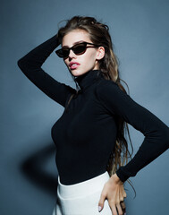 Flirting dating romantic seduction girl in black sunglasses. Fashion vogue style portrait.