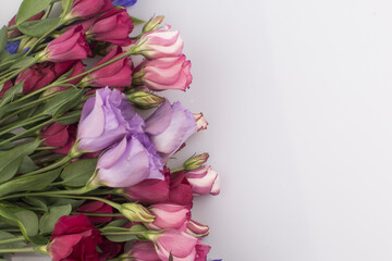 bouquet of pink and violet lisianthus flowers on white background.