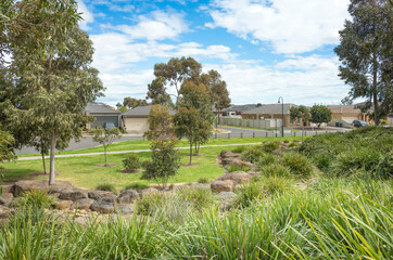 View of a landscaped public park with a variety of Australian native plants in a suburban neighborhood with some residential houses/homes in the distance. Melbourne, VIC Australia.
