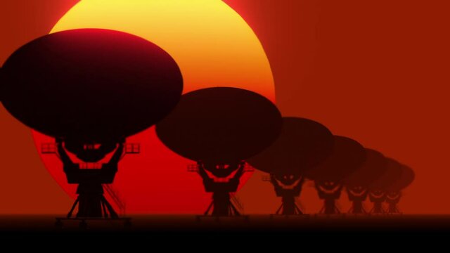 Array of Radio Telescopes with Setting Sun and Heat Distortion - 3D Illustration Animation