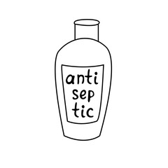 Template bottle gel antiseptic hands. Personal hygiene product. Sanitizer dispenser disinfects, protects coronavirus bacteria. Vector outline icon in flat doodle style isolated