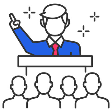 Exulting people meets the new president concept, Politician behind the podium Vector icon design, Presidential elections in United States Symbol on White background 