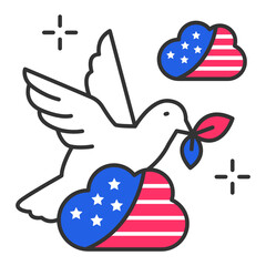 Dove of peace with US Flag Concept, Happy Memorial Day Vector Icon Design, Presidential elections in United States Symbol on White background 