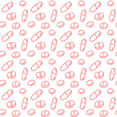 Seamless pattern with medicines, capsules, medicaments, drugs, pills and tablets. Medical pharmacy backgrounds and textures. Vector EPS10 illustration in doodle style