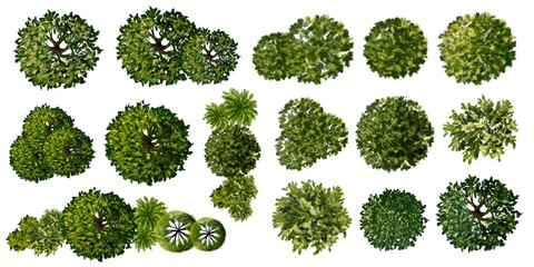 Collection of abstract watercolor green tree top view isolated on white background  for landscape plan and architecture layout drawing, elements for environment and garden.  