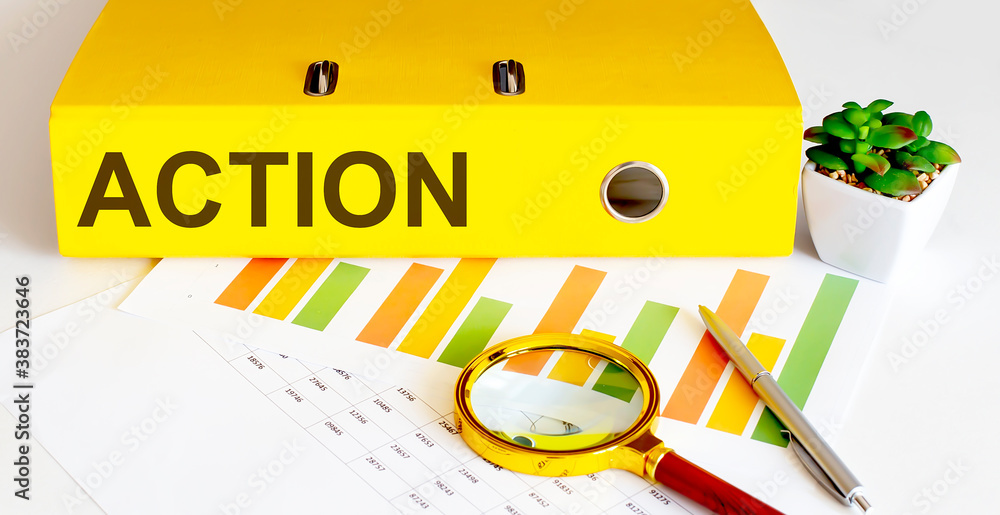 Poster office folder with text action with charts, magnifier and pen