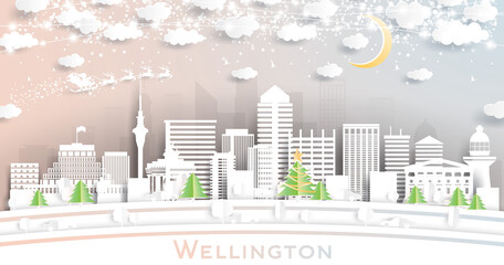Wellington New Zealand City Skyline in Paper Cut Style with Snowflakes, Moon and Neon Garland.