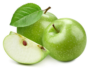 Two green apple and slice with green leaf clipping path. Organic fresh apple isolated on white. Full depth of field