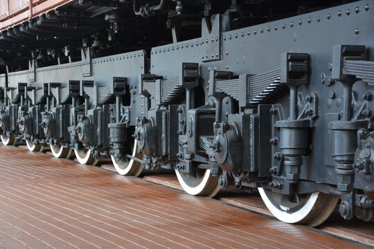 Wheels of a Soviet freight diesel locomotive of the twenties