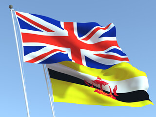 The flags of United Kingdom and Brunei on the blue sky. For news, reportage, business. 3d illustration