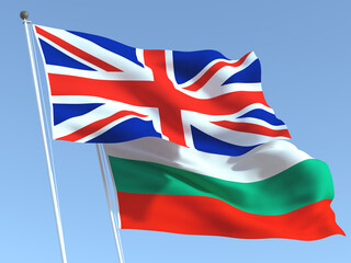 The flags of United Kingdom and Bulgaria on the blue sky. For news, reportage, business. 3d illustration