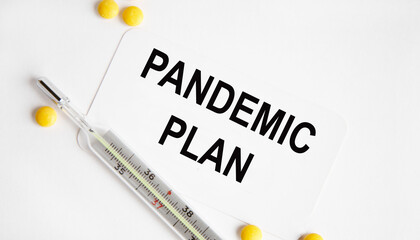 Obraz premium On the card the text of PANDEMIC PLAN, Yarmdo thermometer and yellow tablets.