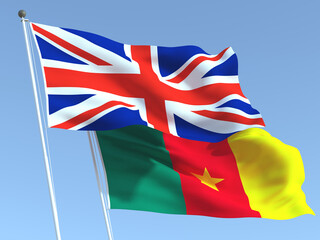 The flags of United Kingdom and Cameroon on the blue sky. For news, reportage, business. 3d illustration