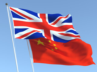The flags of United Kingdom and China on the blue sky. For news, reportage, business. 3d illustration