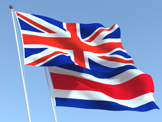 The flags of United Kingdom and Costa Rica on the blue sky. For news, reportage, business. 3d illustration