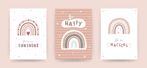 Trendy rainbows in boho style in pastel color. Set of different posters. Children illustrations for post card. Doodle art elements. Modern vector illustration. © KeronnArt